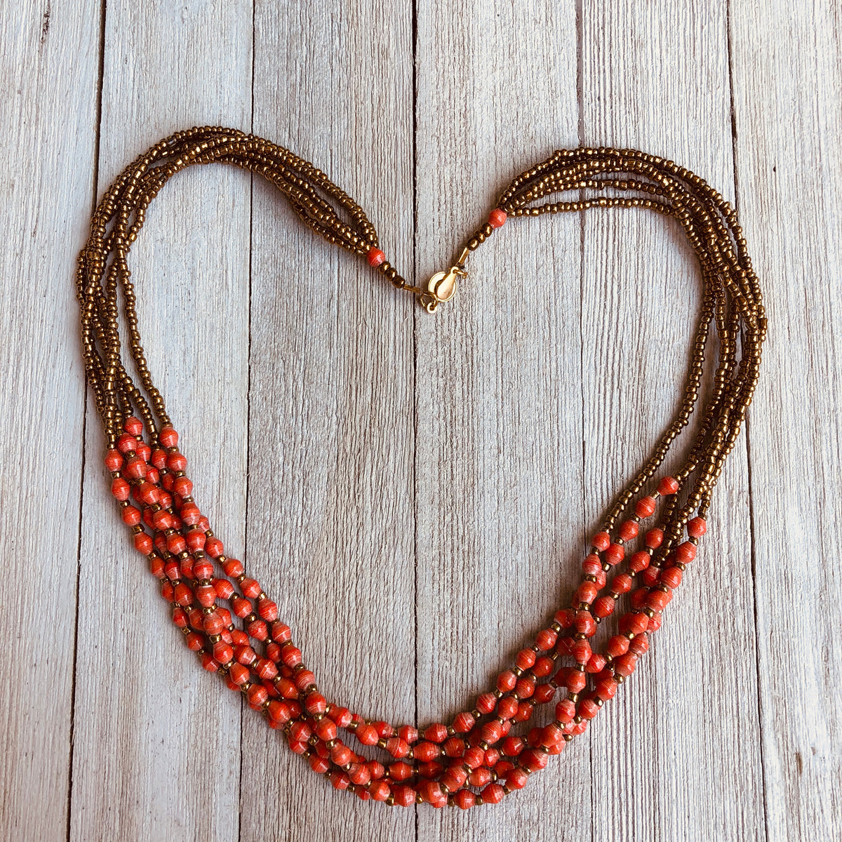 Musana Handmade Multi Strand Beaded Necklace (Rustic Red with