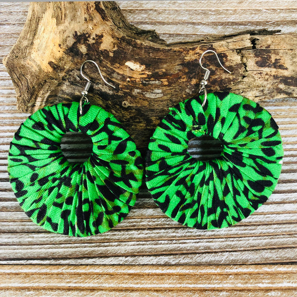 Large Round Ankara Earrings (Multicolor - Green and black)