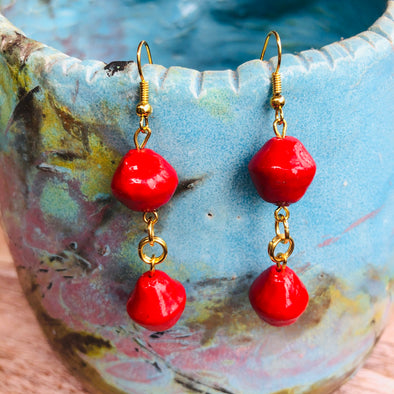 Dangling Handmade Beaded Earrings (2 Bicone Shaped Beads in Bright Red)
