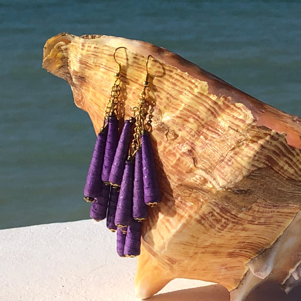 Dangling Handmade Beaded Earrings (6 Large Cone Beads in Purple)