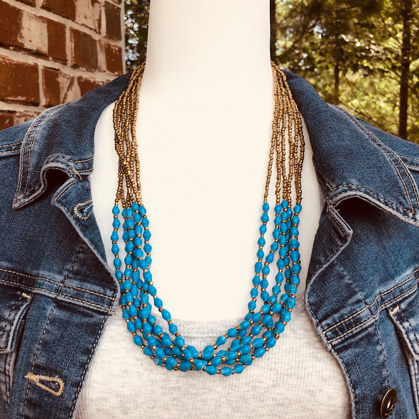 Musana Handmade Multi Strand Beaded Necklace (Bright Blue with Gold Seed Beads, 6 Strands)