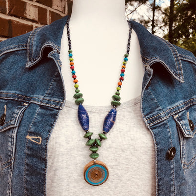 Nzuri Handmade Beaded Colorful Bohochic Necklace with Pendant (5 color choices in jeweltones)