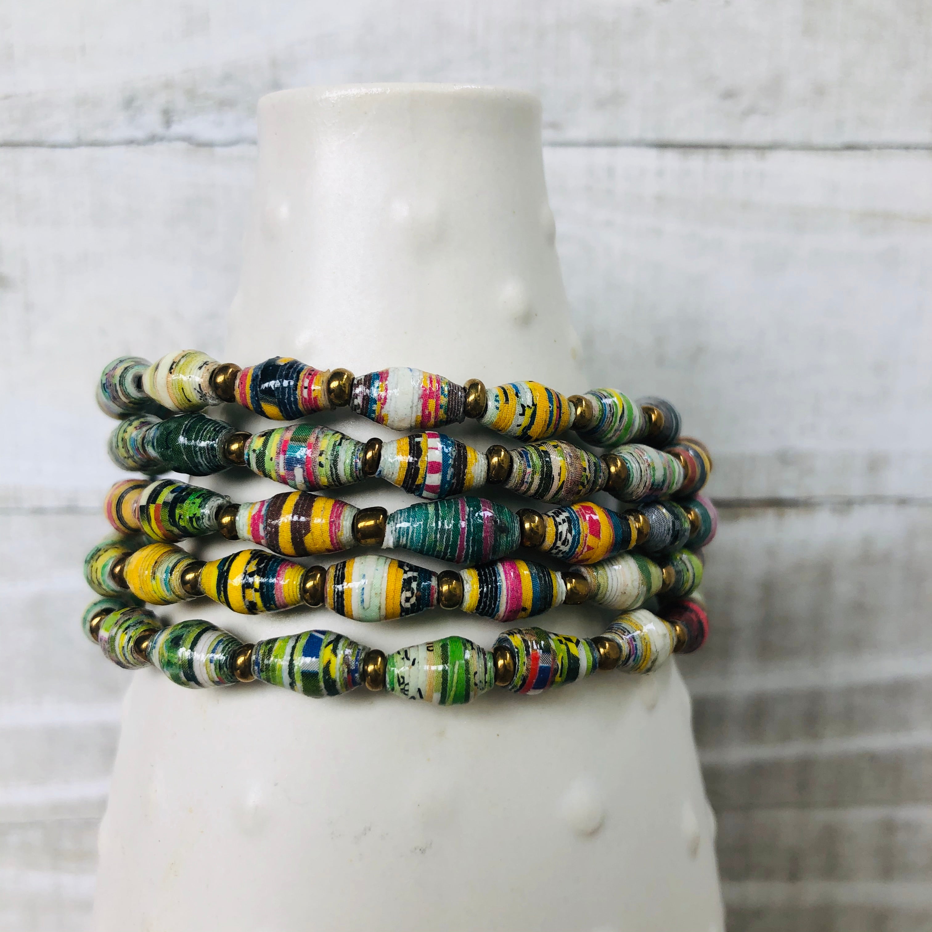 Colorful Cuff Beaded Memory Wire Bracelet (Green Multicolor)