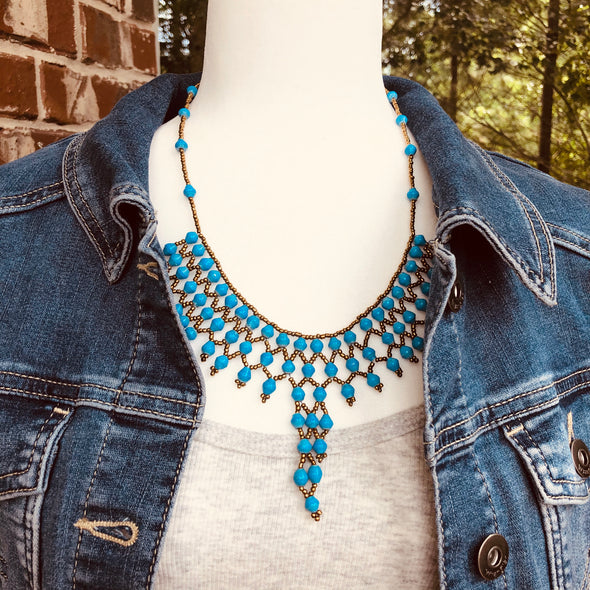 Akaama 1 Handmade Intricate Beaded Bib Necklace (Bright Blue)