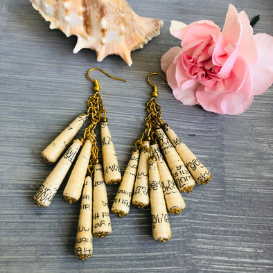 Dangling Handmade Beaded Earrings (6 Large Cone Beads in Book Pages/Cream/Text)