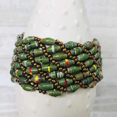 Large Colorful Cuff Beaded Stretch Bracelet (Moss Green)