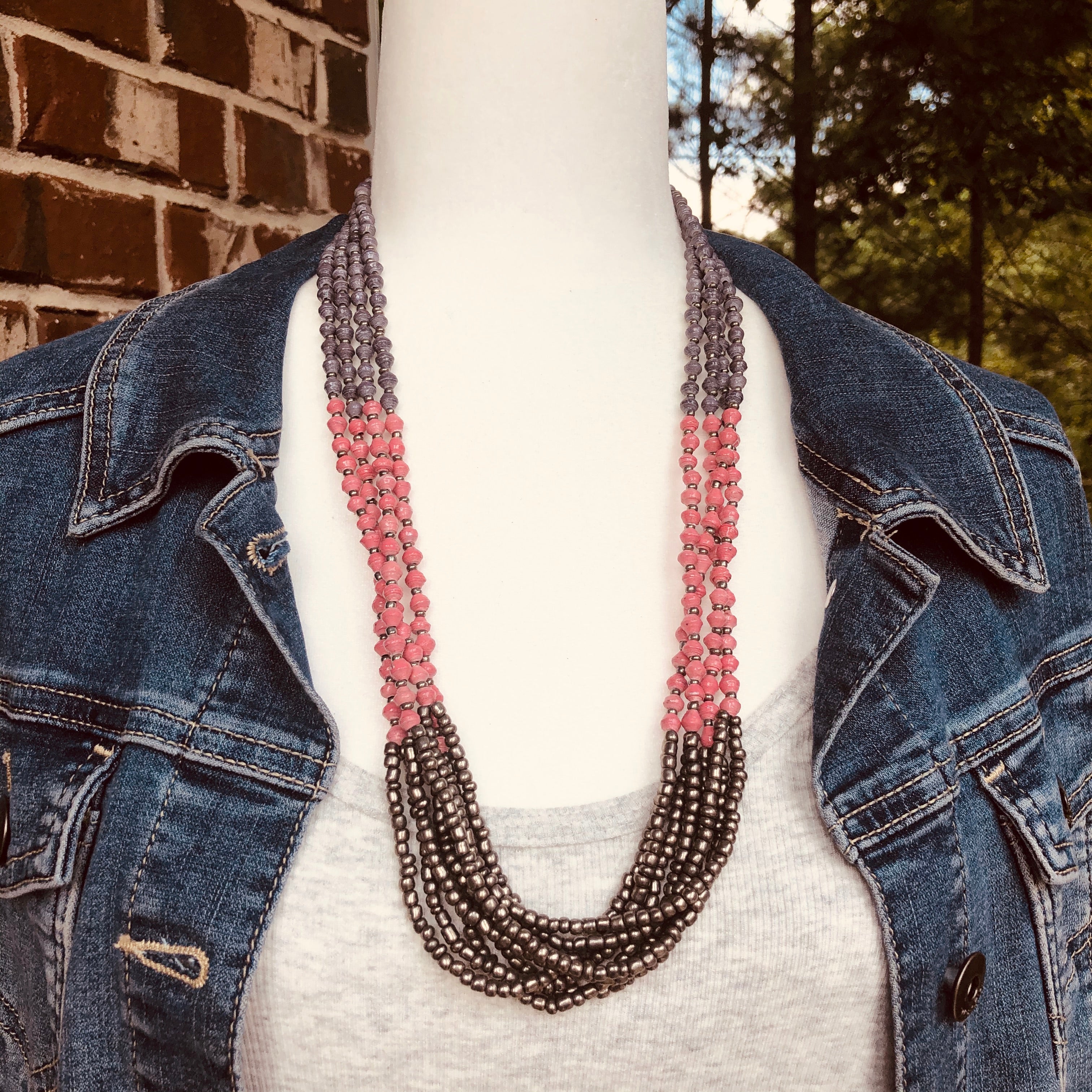 Hotsell Green and Pink Ombre Tourmaline Necklace Knotted with Handmade Gold Paper Bead Pendant