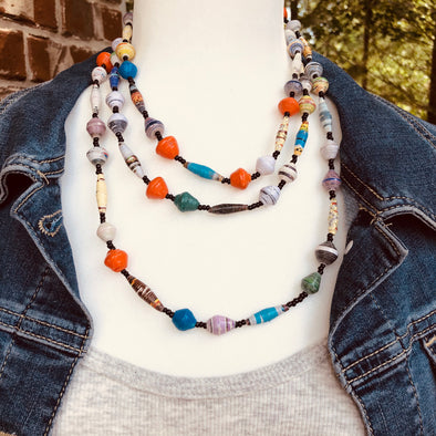 Project Cece | Paper bead necklace with African fabric ribbon 