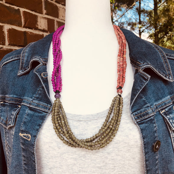 Unique Signature Handmade Beaded Multi Strand Tri-Colored Necklace  (Hot Pink, Coral Red, Mossy Green)