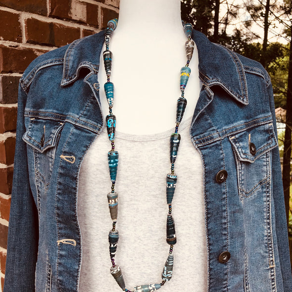Gulu Handmade Single Strand Necklace with Chunky Paperbeads (Blue/Green with Text)