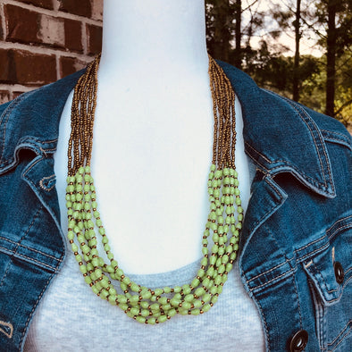 Musana Handmade Multi Strand Beaded Necklace (Bright Green with Gold Seed Beads, 7 Strands)