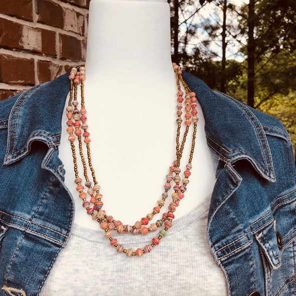 Namuwongo 2 Handmade Beaded Multi Strand Necklace in a Blend of Pink and Coral Colors
