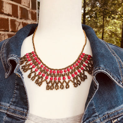 Musanyufu 3 Handmade Intricate Beaded Bib Necklace (Red and Coral Colors)