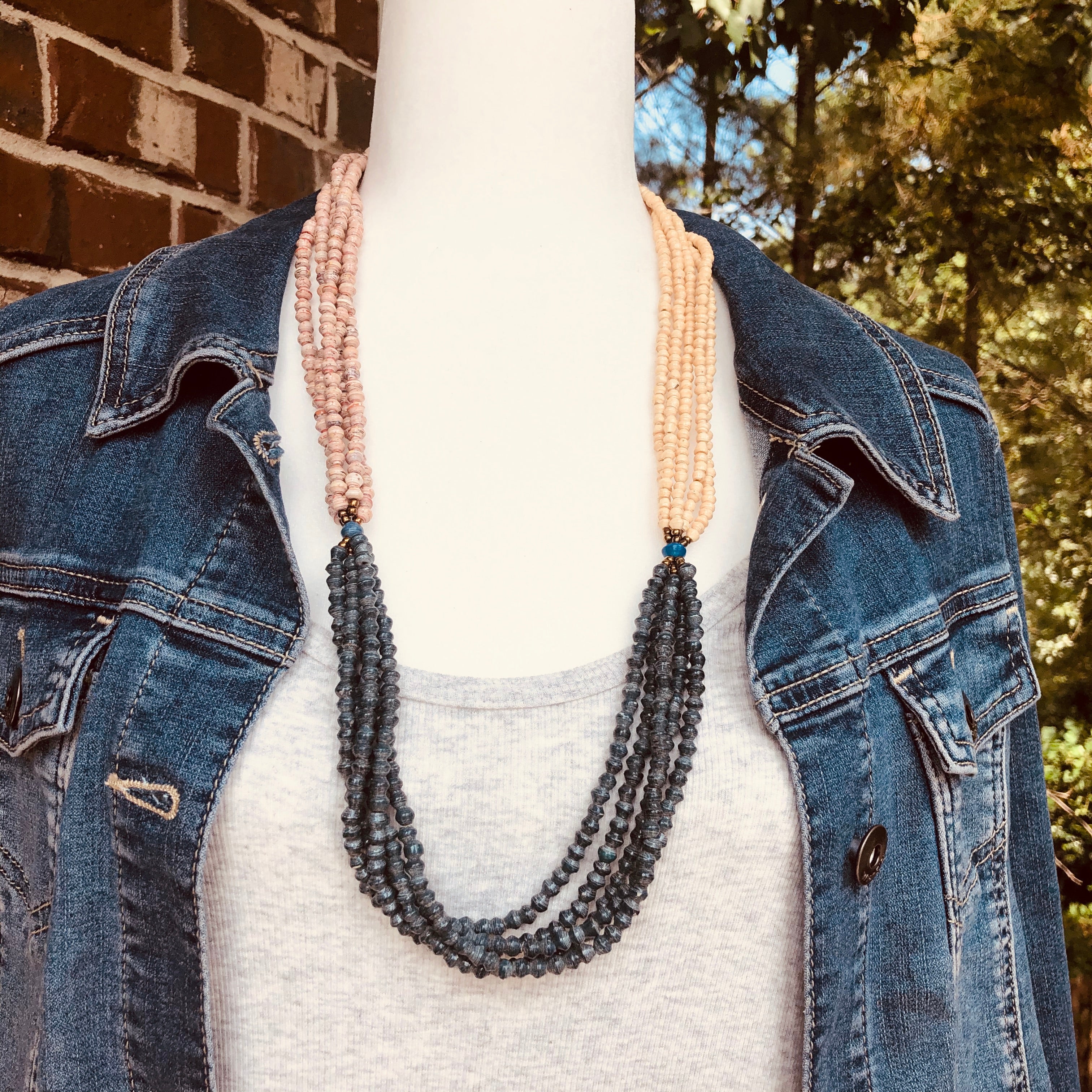 Unique Signature Handmade Beaded Multi Strand Tri-Colored Necklace (Cr