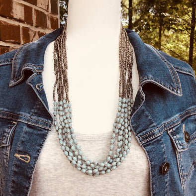 Musana Handmade Multi Strand Beaded Necklace (Baby Blue with Silver Seed Beads, 7 Strands)