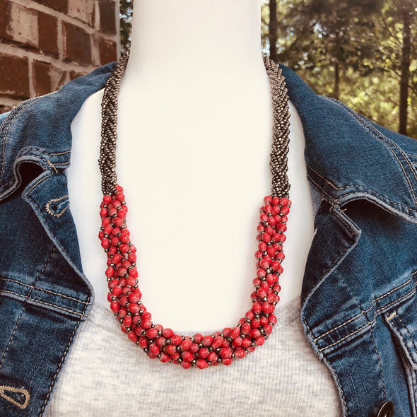 Abambejja Elegant Handmade Intricately Beaded Signature Necklace (Red with Silver Seed Beads)