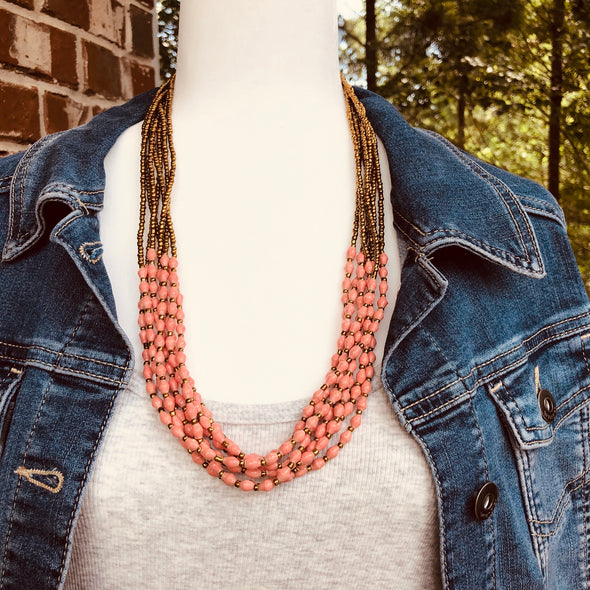 Musana Handmade Multi Strand Beaded Necklace (Coral with Gold Seed Beads, 7 Strands)