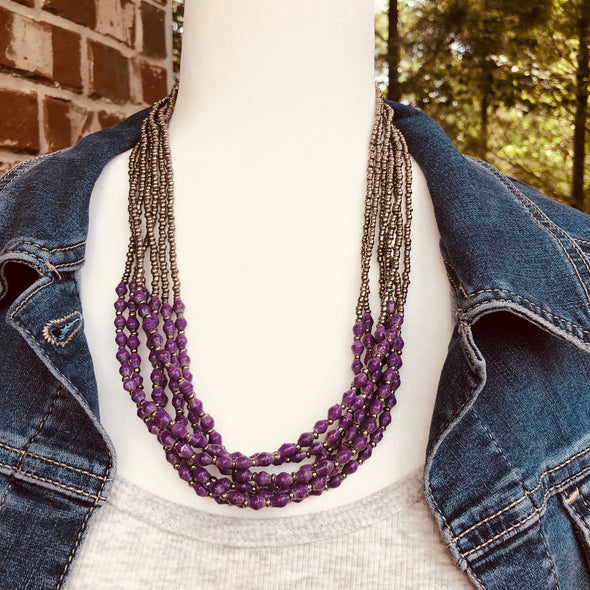 Musana Handmade Multi Strand Beaded Necklace (Mauve Purple with Silver Seed Beads, 7 Strands)