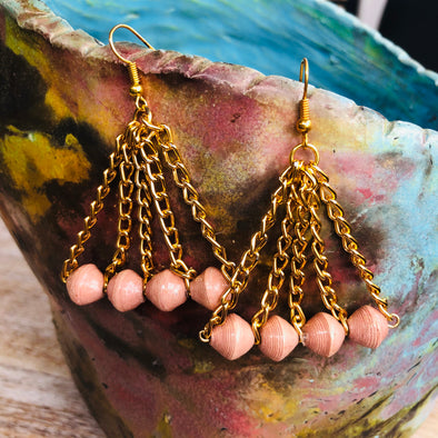 Dangling Handmade Beaded Triangle Shaped Earrings (4 Bicone Shaped Small Beads in Dusty Rose)