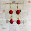Dangling Handmade Beaded Earrings (2 Bicone Shaped Beads in Bright Red)