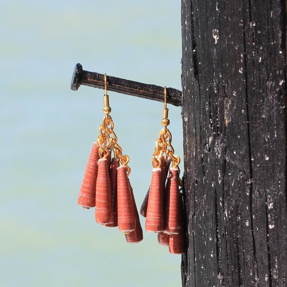 Dangling Handmade Beaded Earrings (6 Medium Cone Beads in Brown)