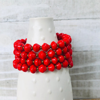 Colorful Cuff Beaded Memory Wire Bracelet (Bright Red)
