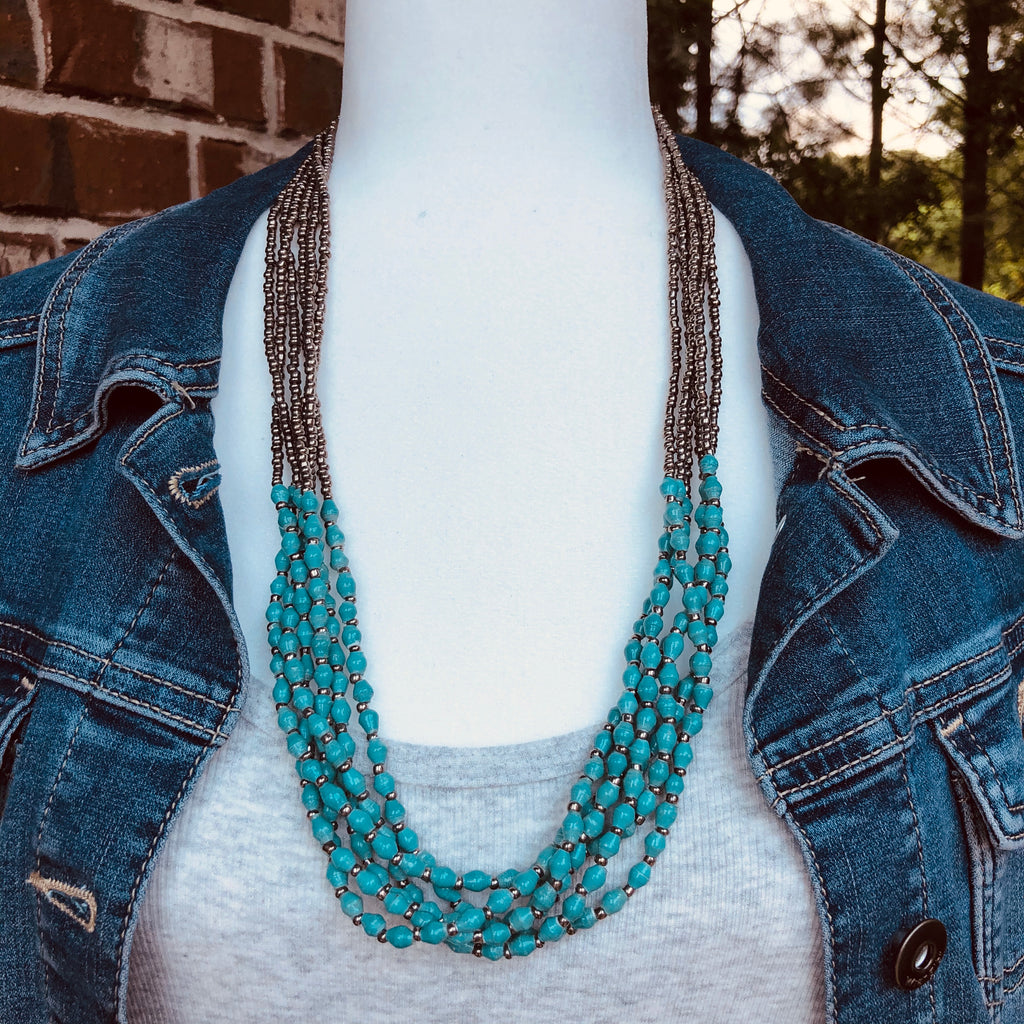 Mukwano Multi-Strand Handmade Beaded Necklace (Seafoam, Strands