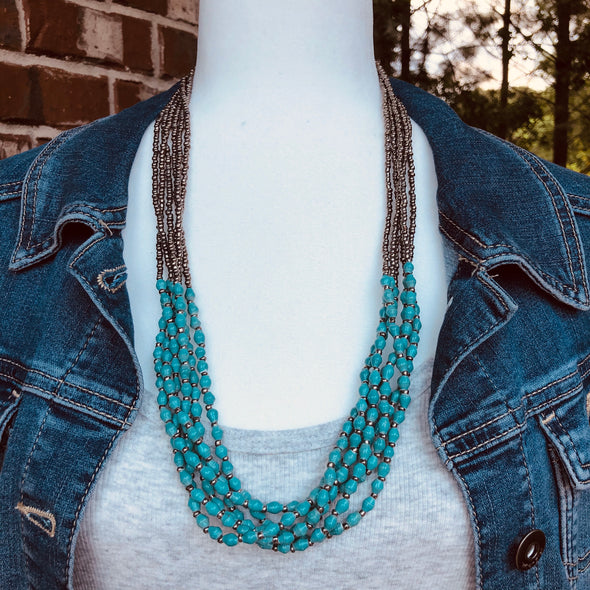 Musana Handmade Multi Strand Beaded Necklace (Seafoam Blue with Silver Seed Beads, 6 Strands)