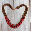 Musana Handmade Multi Strand Beaded Necklace (Bright Red with Gold Seed Beads, 7 Strands)