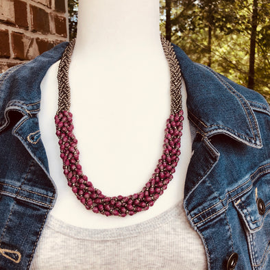 Abambejja Elegant Handmade Intricately Beaded Signature Necklace (Purple with Silver Seed Beads)