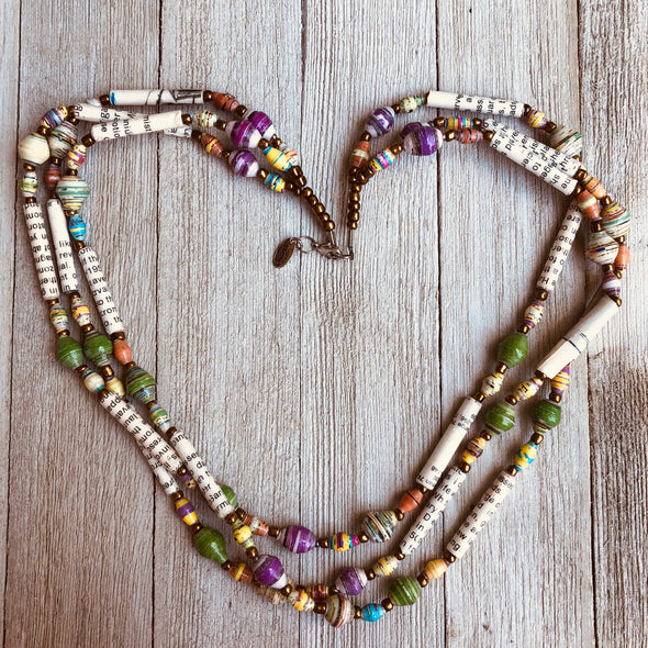 Afiya 1 Handmade Beaded Multi Strand Necklace (Beads with Words & Green or Red Accent Beads)