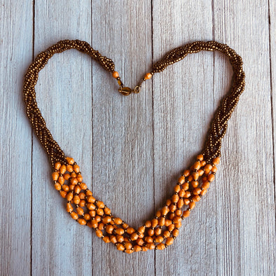 Abambejja Elegant Handmade Intricately Beaded Signature Necklace (Orange with Gold Seed Beads)